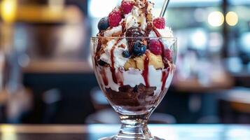 A delicious sundae dessert with whipped cream and various berries on top photo