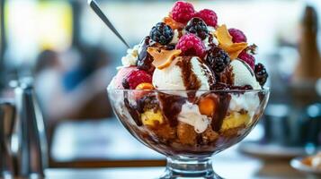 A delicious sundae overflowing with various sweet toppings and berries photo