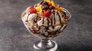 Delicious Ice Cream Sundae With Various Fruit And Chocolate photo