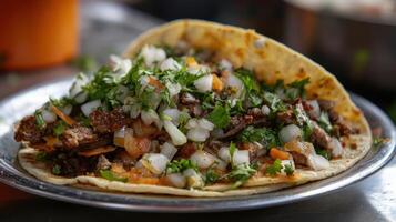 Delicious looking taco filled with meat and various toppings served photo