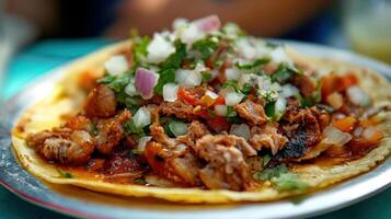 A Delicious Taco Filled With Meat And Fresh Toppings photo