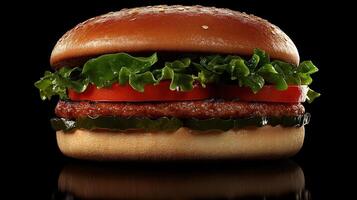 Delicious Gourmet Hamburger Composed with Fresh Ingredients on Black Background photo