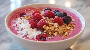 A close up image of a berry smoothie bowl photo
