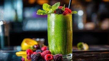 A Fresh Green Smoothie Decorated With Berries And Herbs photo