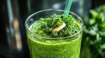 A green smoothie beverage topped with fresh leafy greens and fruit photo