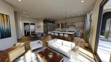 A modern open concept living space with kitchen and dining area photo
