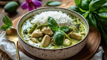 Delicious bowl of creamy green curry with rice and herbs photo