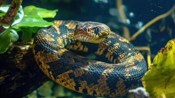 A coiled snake with patterned scales stares directly forward at you photo