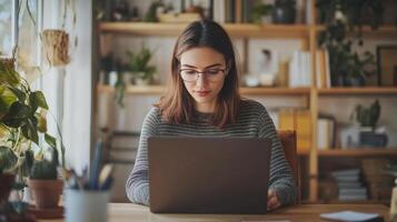Young woman working on a laptop computer in a home setting photo