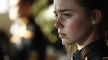 A young woman with an intense expression of concern photo