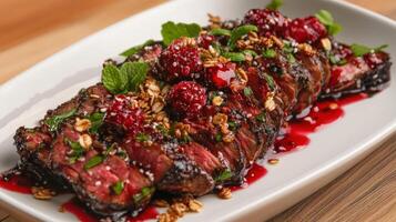 Sliced steak topped with fruit and garnishes on a plate photo