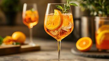 Refreshing orange cocktail garnished with fresh herbs in a glass photo
