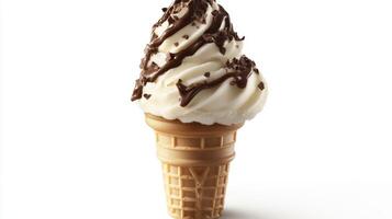 A vanilla ice cream cone is drizzled with chocolate and sprinkles photo
