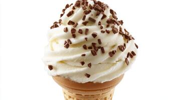 A delicious swirled ice cream cone topped with chocolate sprinkles photo