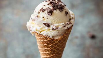 Delicious vanilla ice cream cone with chocolate toppings and crumbs photo