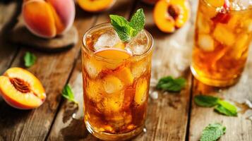 Refreshing peach tea beverages with sliced peaches and fresh mint sprigs photo