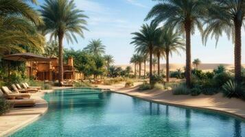 Desert oasis resort, tranquil poolside scene. photo