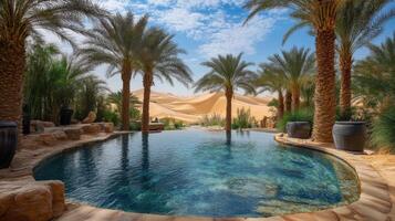 Serene desert oasis pool with palm trees. photo