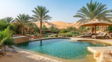 Picturesque desert resort oasis with a pool. photo