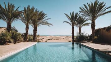 Serene desert oasis pool with palm trees and ocean view. photo