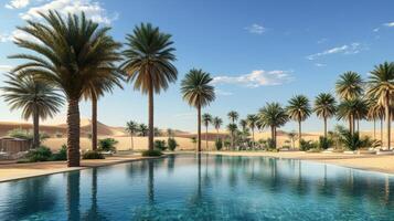 Desert oasis pool scene with palm trees q photo