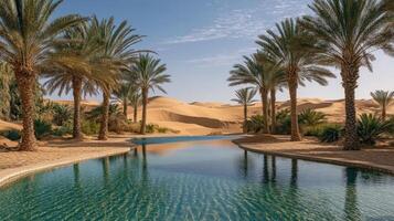 Desert oasis pool scene with palm trees o photo