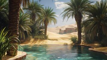 Desert oasis pool scene with palm trees and sand dunes. photo