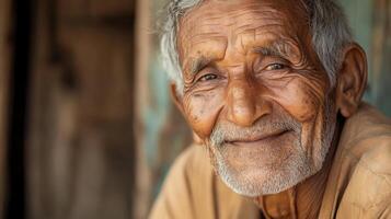 A heartwarming portrait of an elderly man with a gentle smile. photo