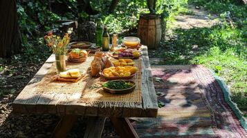 Rustic outdoor wooden table laden with food and drinks under trees. photo