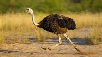 An ostrich is running quickly across a dry field photo