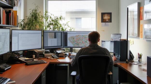 A professional interior view of a workspace with multiple computer monitors. photo