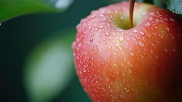 Close-up view of a fresh red covered in dew drops. photo
