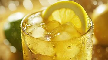 Refreshing iced tea drink with lemon slice and ice. photo
