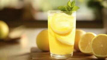 Refreshing lemonade beverage displayed with citrus fruits. photo