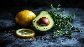 Freshly cut avocado and lemon with herbs. photo
