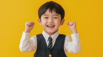 Young boy in formal attire displays joyful expression. photo