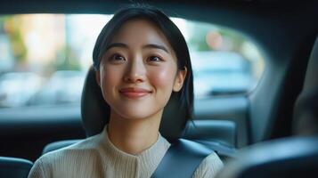 Smiling young woman seated inside a vehicle. photo
