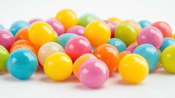 Colorful, round candies piled high on a white surface. photo