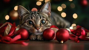 Festive tabby cat surrounded by christmas ornaments. photo