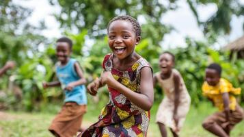 Playful children joyfully engaging in a spirited game outdoors. photo