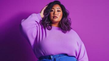 Woman Wearing Purple Sweater and Jeans Poses photo
