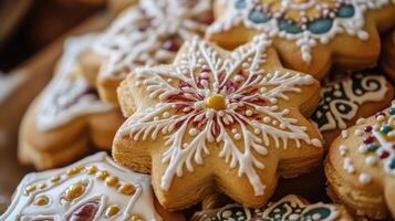 Festive gingerbread cookies decorated with intricate icing patterns. photo