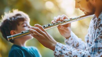 Father and son playing flute outdoors in nature. photo