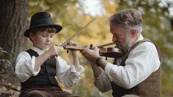 Grandfather and grandson practice violin together outdoors. photo
