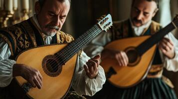 Two musicians in period attire playing baroque guitars. photo