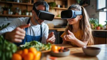 Father and daughter enjoy a virtual cooking experience in the kitchen. photo