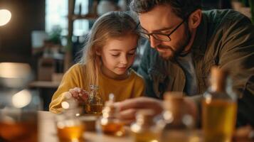 Father and daughter explore natural oils together q photo