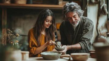 Grandfather and granddaughter share a pottery lesson. photo