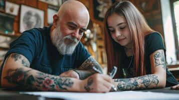 Tattoo artist and apprentice collaborating on a design. photo