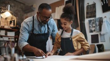 Elderly artisan mentor guides a young apprentice in a craft workshop. photo